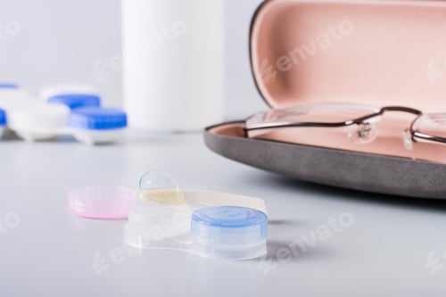 Preview: Contact lens on an open storage container against the background of a case with glasses