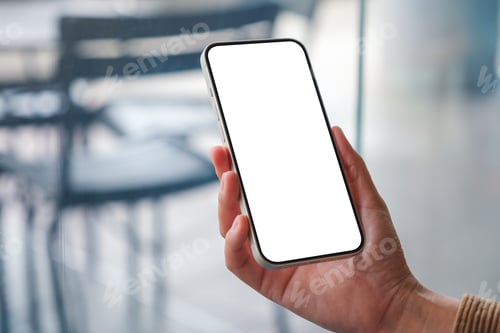 Preview: Mockup image of a woman holding mobile phone with blank desktop screen