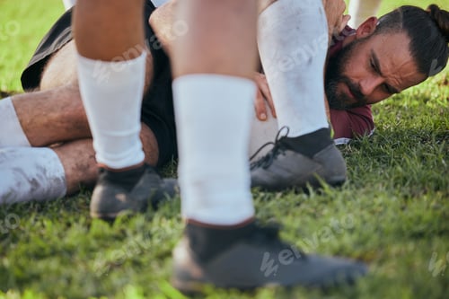 Preview: Rugby tackle or man on field for game practice or training match for team fitness or group workout.
