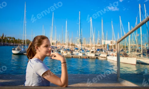 Preview: Caucasian, young girl in the port with several yachts at the daylight
