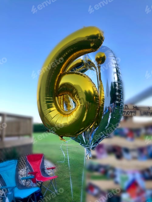 Preview: Baby boomer Sixty birthday party celebration with a 60 gold & silver balloons & lots of outdoor fun