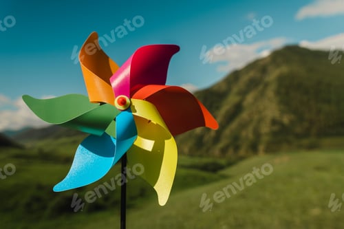 Preview: Symbol of clean green energy, Close-up multi-colored pinwheel ibackground of sky and green landscape