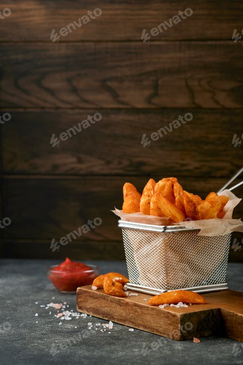 Preview: French fries in metal wire basket with salt and ketchup on old wooden dark background clous up. Frie
