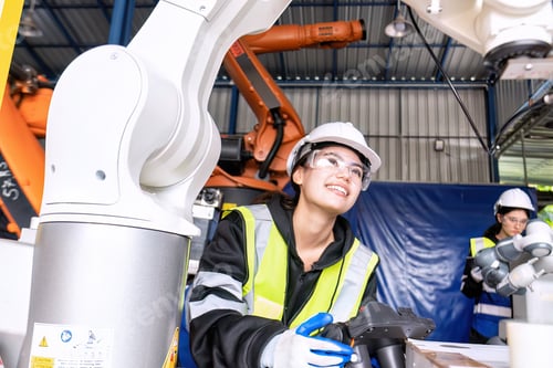 Preview: Young female asian service engineer holding robot controller operate robot arm automation factory