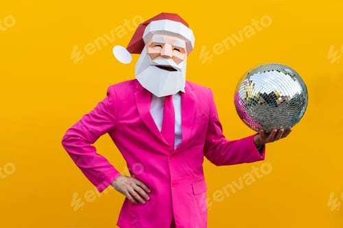 Preview: Man with funny low poly mask on colored background