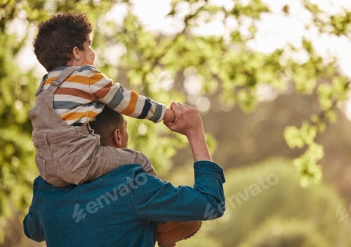 Preview: Piggyback, love and father with child in park for support, playful and games. Relax, freedom and ad