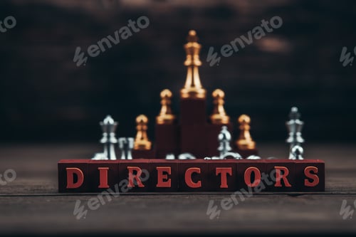 Preview: wood cube word "Directors" and chess piece on cube wood for ideas, challenge, leadership, strategy,