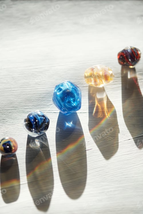 Preview: Row of glass beads of various colors, sizes and shapes for necklaces and shadows