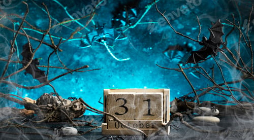 Preview: Halloween scary dark blue background with twisted branches, bats, stones and spiders, smoke