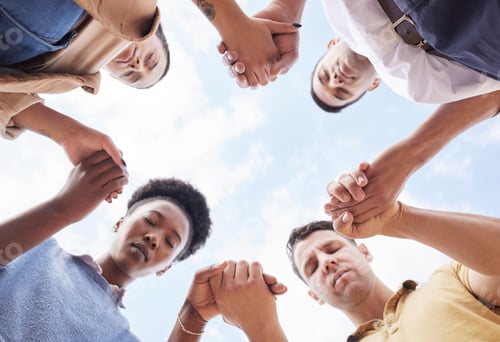 Preview: Holding hands, prayer circle and business people with support, faith and diversity in low angle by