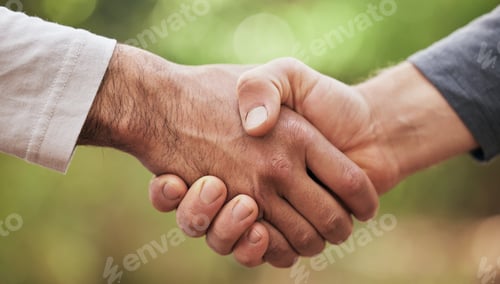 Preview: Support, hello and handshake with people in nature for motivation, thank you and meeting. Teamwork,