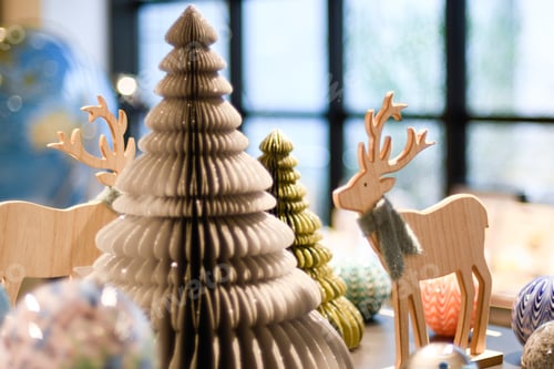 Preview: christmas decor rustic hand made toys wooden against soft background with copy space