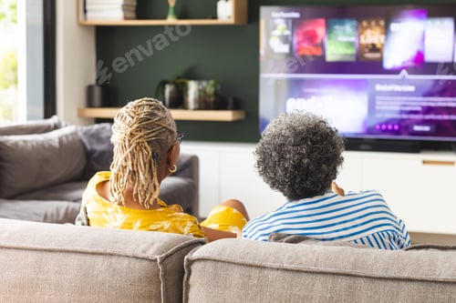 Preview: Senior African American woman and senior biracial woman are sitting on a couch, watching TV at home