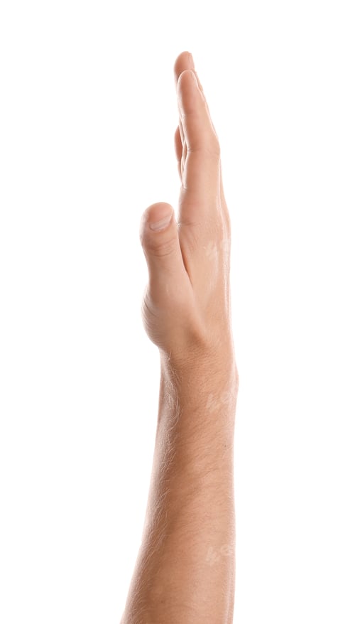 Preview: Man showing hand on white background, closeup