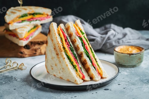 Preview: Two homemade sandwiches with sausage, cheese and arugula on a light concrete background