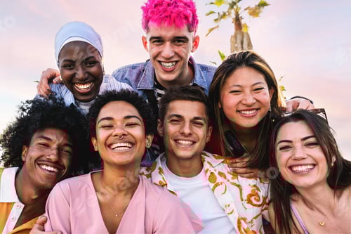 Preview: Multiethnic group of young happy friends hanging out