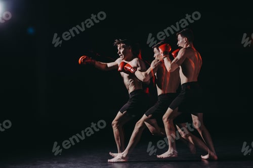 Preview: sequence shot of handsome shirtless muscular boxer in boxing gloves doing punch