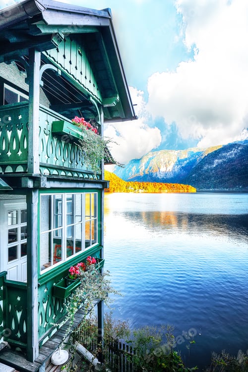Preview: Wooden house on the coast of lake in Hallstatt village Austrian