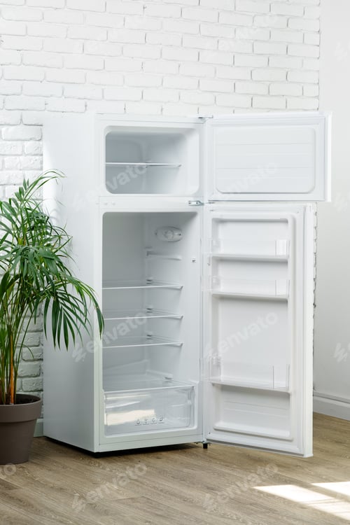 Preview: White Refrigerator Open Against Brick Wall