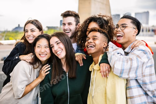 Preview: Diverse teenage student people standing together posing for group photo