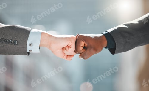 Preview: Business people, fist bump and integration in meeting, outdoors and greeting or collaboration. Part