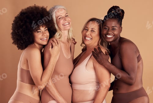 Preview: Diversity, happy and women with natural beauty, skincare and cosmetics together on studio backgroun