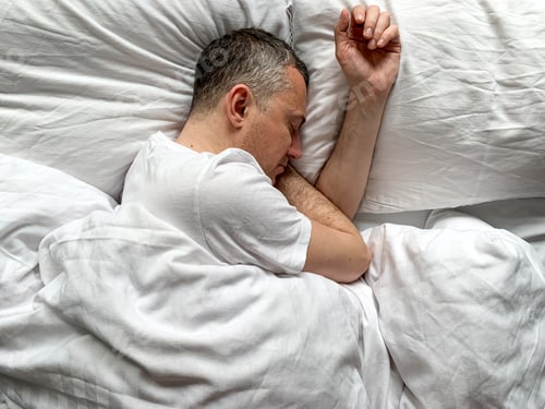 Preview: Middle aged adult man sleeping at home Cozy bedroom bed vibes white bedsheets Alone Early morning