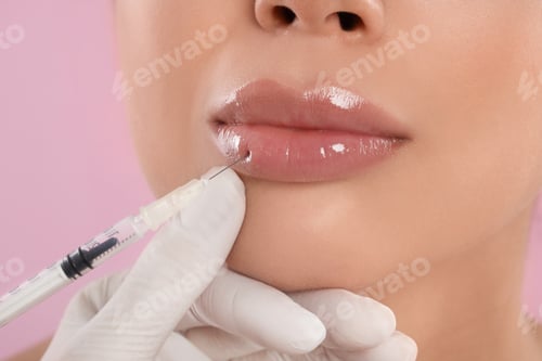 Preview: Young woman getting lips injection on pink background, closeup