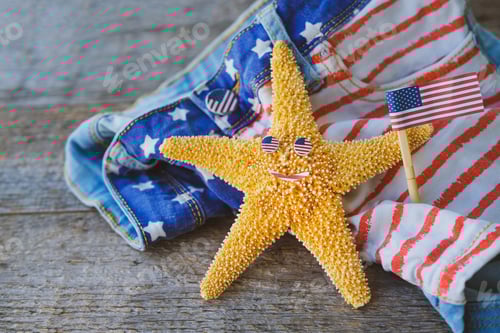 Preview: Patriotic Starfish with American Flags and Denim