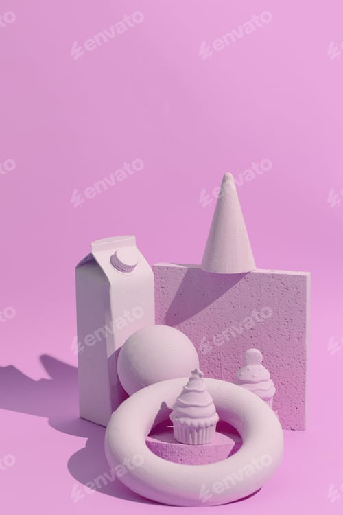 Preview: Abstract geometry figure and minimal objects. Pink trendy monochrome colours design. Still life art
