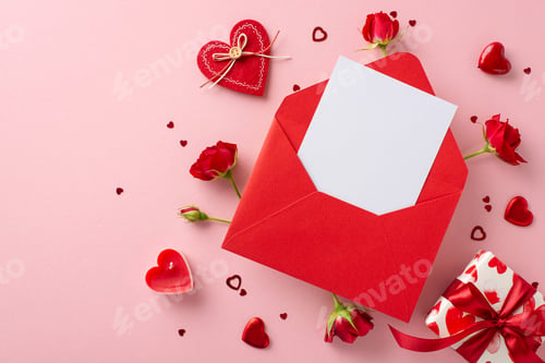 Preview: Romantic surprise unfold in top-view shot of Valentine's Day joy. Giftbox adorned in themed paper