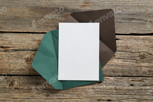 Preview: Blank invitation card and envelope on wooden table, top view. Space for design