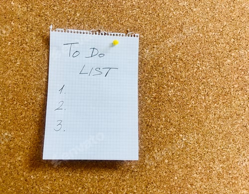 Preview: to do list hand written on notepad paper sheet and pinned on cork board