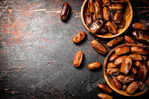 Preview: Delicious dates on a wooden plate.