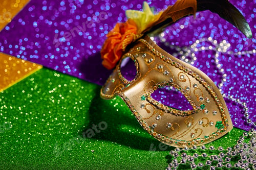 Vista previa: Festive, colorful Mardi Gras or carnivale mask on golden background. Venetian masks