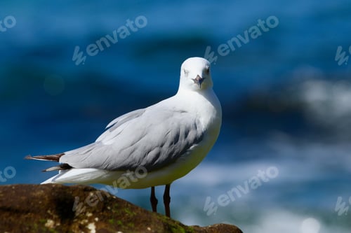 Preview: Isolated seagull perched on a rocky outcrop overlooking the sea.