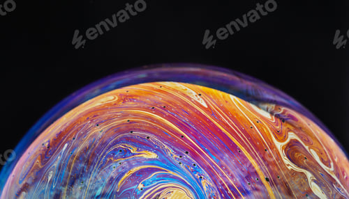 Preview: Virtual reality space with abstract multicolor psychedelic planet. Closeup Soap bubble like
