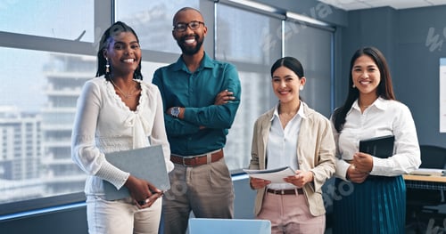 Preview: Happy, office and coworkers standing, business workshop or seminar for growth and training develop