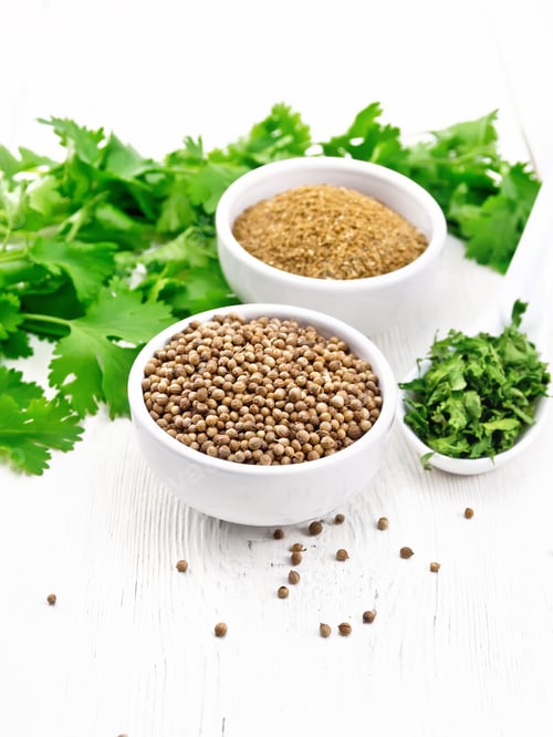 Preview: Coriander ground and seeds in bowls on white board