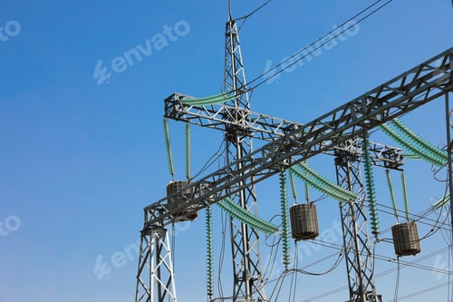 Preview: Modern electrical substation on sunny day, low angle view