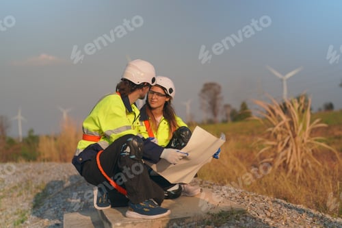 Preview: Sustainable energy industry - Engineers working at alternative renewable wind energy farm
