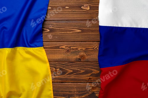 Preview: Flags of Russia and Ukraine together, copy space
