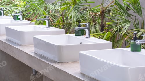 Preview: Row of white ceramic sinks and faucets on concrete counter with palm trees in outdoor restroom