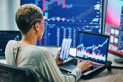 Preview: Business woman, phone and laptop on stock market in fintech, trading or online finance at office. F