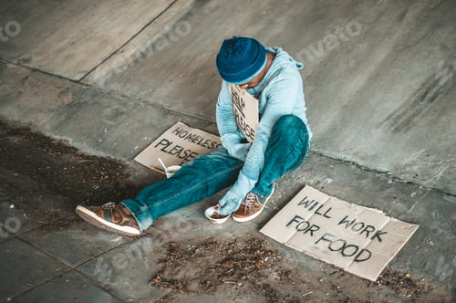 Preview: Begging under the bridge with a cup containing coins and instant noodles