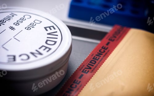 Preview: Files and evidence bag in a crime lab, conceptual image