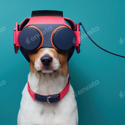 Preview: Closeup of a cute dog wearing VR headset on a blue background