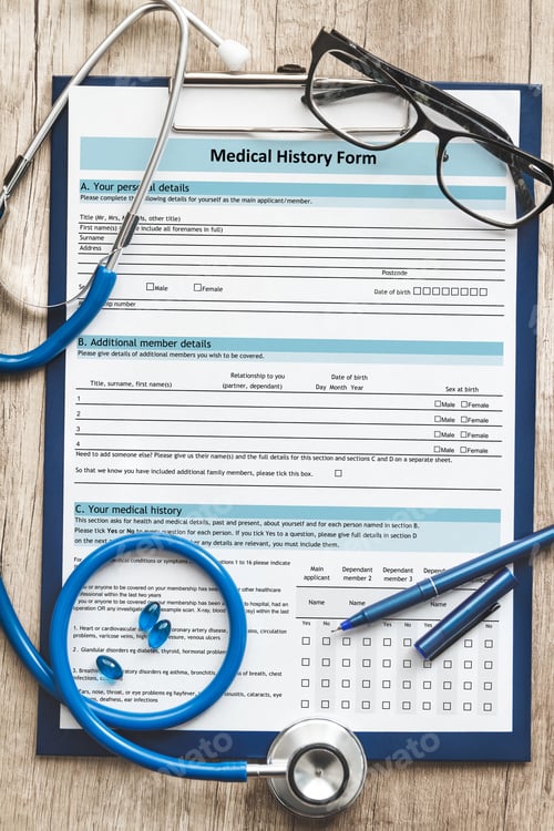 Preview: Patient medical history on a clipboard with stethoscope