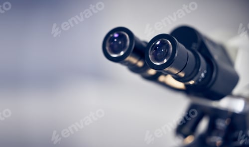 Preview: Microscope, science and mockup with tools in lab for scientific research, vision and experiment, in