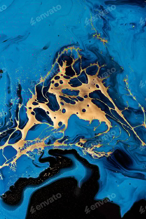 Preview: Dark blue waves in abstract ocean and golden inclusion. Liquid acrylic artwork with flow and splash.